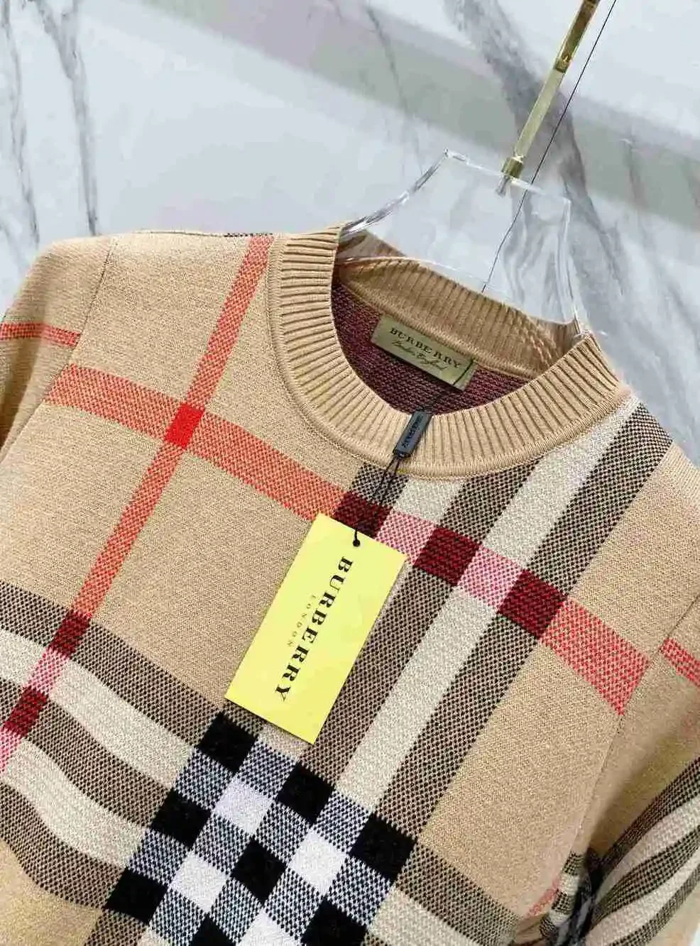 Burberry Beige Vintage Check Crew Neck Knit Sweater